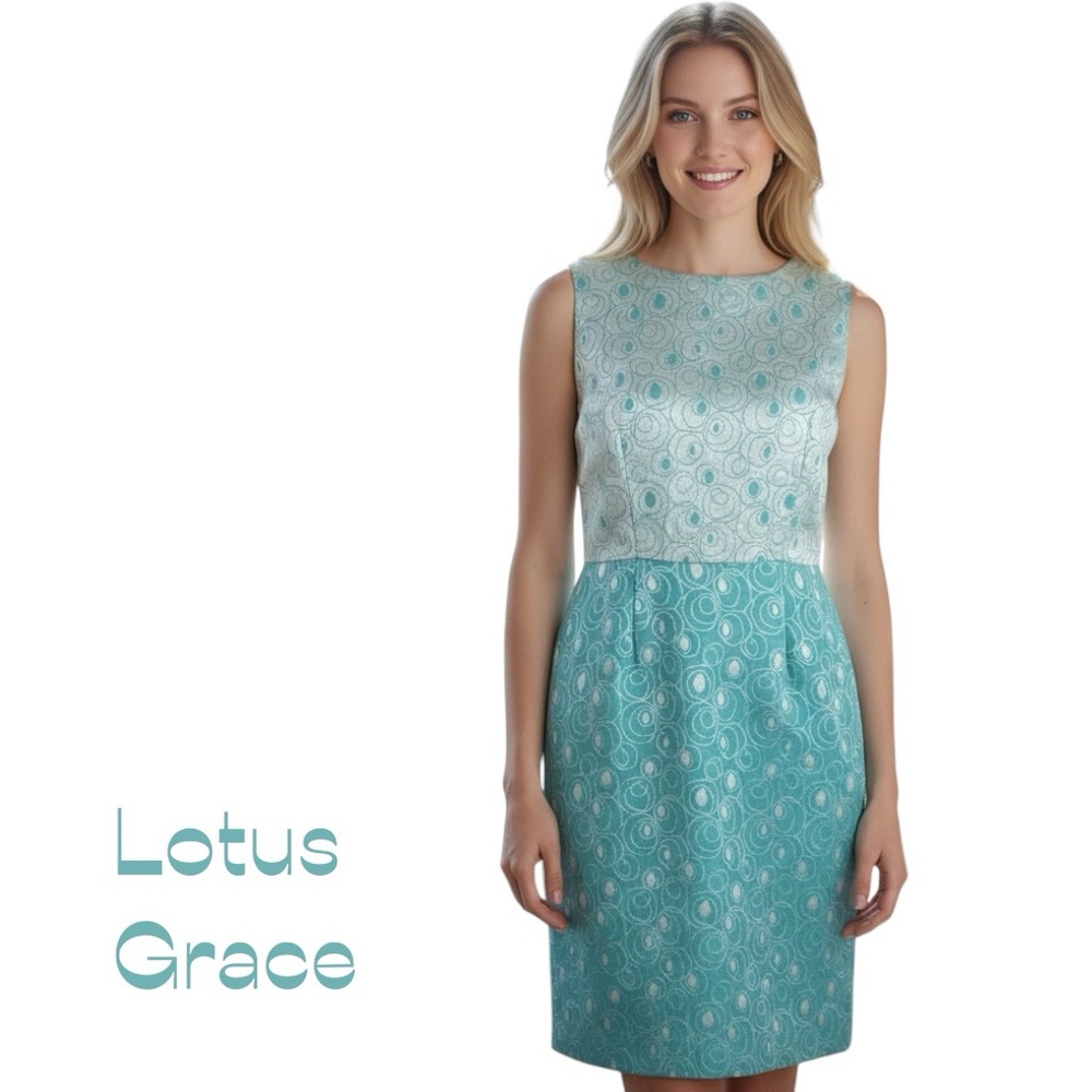 Lotus Grace Silver Teal Polka Dot Sleeveless Sheath Dress NWOT Size M